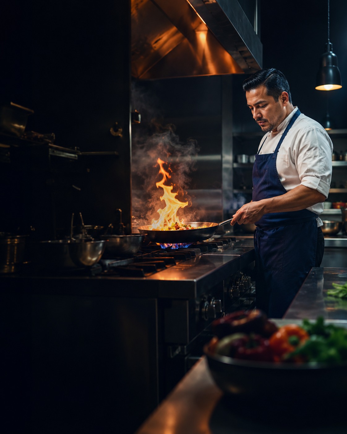 Chef cocinando con gas en un restaurante